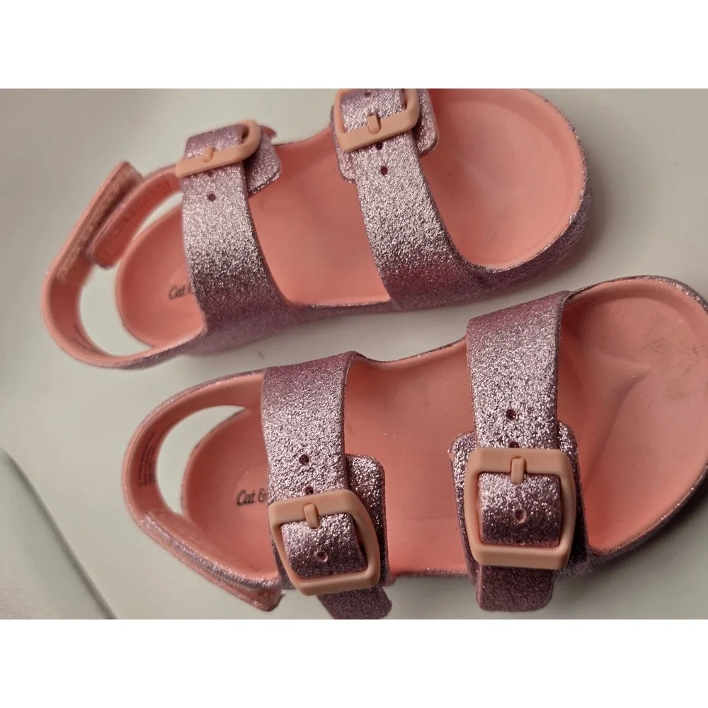 Cat & Jack Girls Pink Glitter Double Strap Buckle Sandals Size 10 093111288